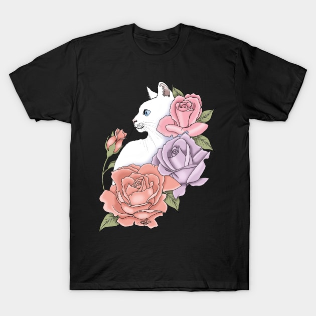 White Cat and Roses T-Shirt by tigressdragon